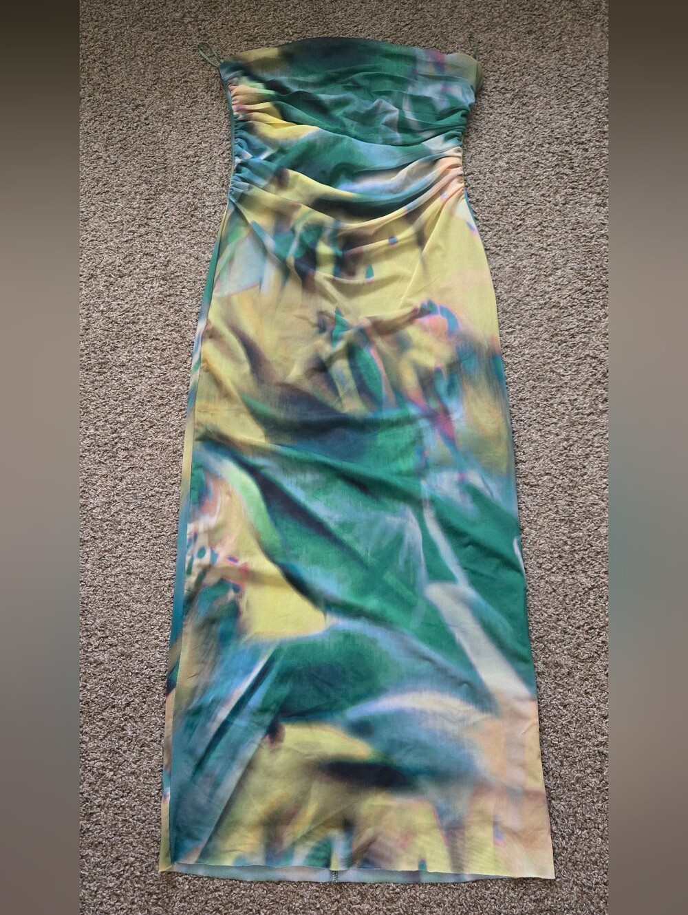 Multicolor Abstract Print Strapless Dress - Green & Yellow